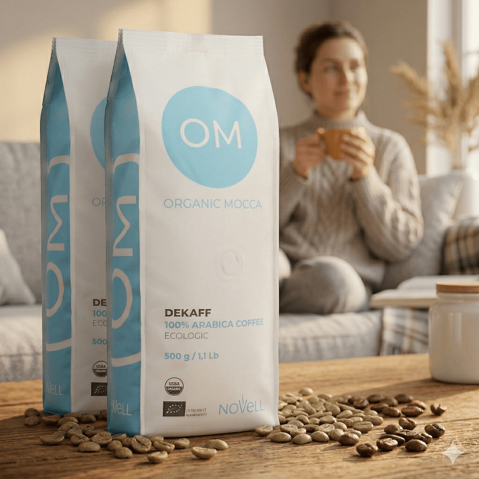 Økologisk koffeinfri hele bønner - OM Organic Mocca 2x500g